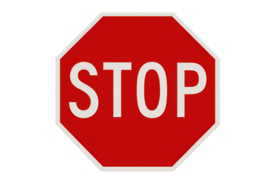 Red stop road sign for traffic control, illustrating regulation, safety, and warning on transparent background