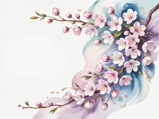 Cherry blossom branch illustration with pink flowers and watercolor pastel background.