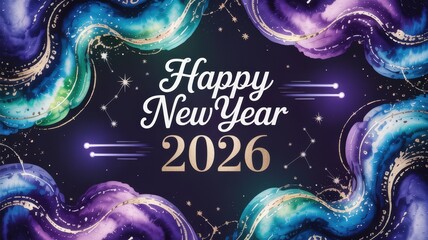 Happy New Year 2026 banner featuring vibrant watercolor nebula swirls and gold elements.