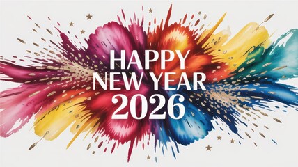 Happy New Year 2026 banner with a vibrant watercolor splash and scattering golden glitter