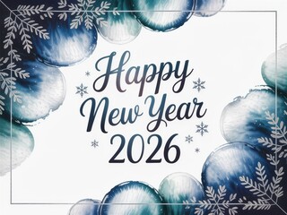 Happy New Year 2026 card with elegant blue watercolor ornaments, silver frame and snowflakes.
