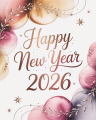 Happy New Year 2026 card featuring elegant rose gold script and abstract watercolor ornaments.