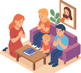 An isometric illustration of a family praying together at home with a holy book on the table and a portrait on the wall, symbolizing faith, unity, and devotion.