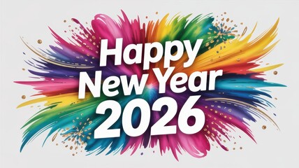Happy New Year 2026 celebration banner featuring a vibrant rainbow color explosion and glitter.