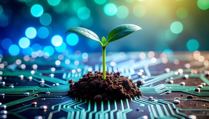 Seedling Emerging from Circuit Board with Cyber Bokeh