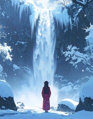 Frozen waterfall with a shrine maiden praying at its base, mystical Japanese winter s