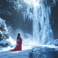 Frozen waterfall with a shrine maiden praying at its base, mystical Japanese winter s