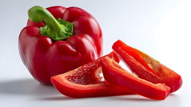 Red bell pepper and longitudinal slices of pepper, isolated on white background