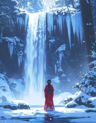 Frozen waterfall with a shrine maiden praying at its base, mystical Japanese winter s
