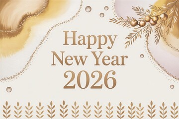 Happy New Year 2026 greeting banner with elegant gold typography and watercolor texture.