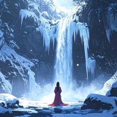 Frozen waterfall with a shrine maiden praying at its base, mystical Japanese winter s