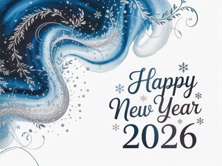 Happy New Year 2026 greeting card featuring abstract blue and white winter watercolor design