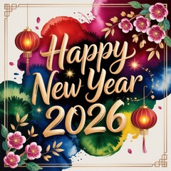 Happy New Year 2026 greeting featuring gold script, red lanterns and vibrant watercolor ink blots.