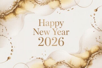 Happy New Year 2026 greeting text on a luxurious abstract gold watercolor background design