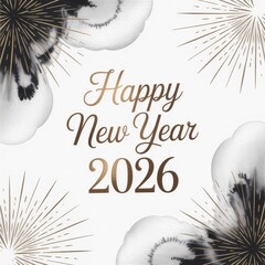 Happy New Year 2026 luxury greeting card with gold typography and abstract ink blots