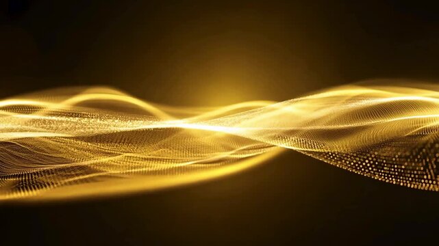 Luxurious, warm abstract background loop of glowing golden particles forming interwoven digital wireframe waves flowing horizontally on a dark background