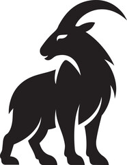 Black silhouette of a standing ibex with curved horns on white background, Elegant ibex vector illustration for nature themes