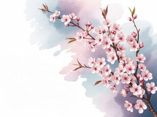 Watercolor cherry blossom branch featuring delicate pink flowers and soft blended pastel background.