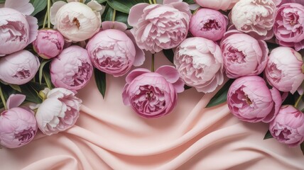 Pink and blush peonies clustered on luxurious soft silk fabric background for wedding design