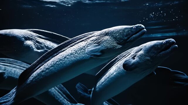 Several Moray Eels Swimming in Dark Ocean Water