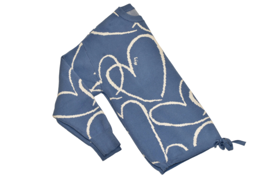 Women's blouse, with white heart silhouette designs on a blue background, photographed against a PNG background.