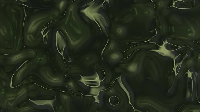 Dark green with streaks of light yellow creating a mesmerizing, viscous fluid effect. Organic shapes undulate with a glossy sheen evoking natural processes and abstract beauty.