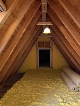 Renovated Attic Interior with Wooden Beams and Energy-Saving Fiberglass