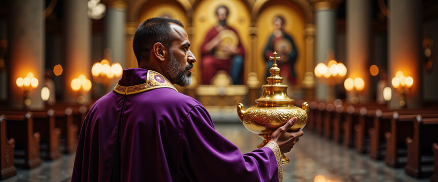 Priest in vestments holding incense during liturgy in a church  