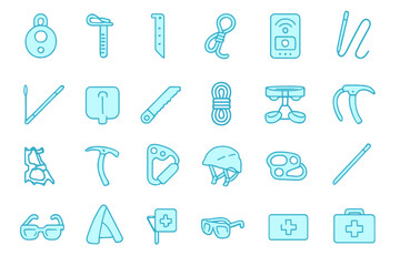 Fototapeta premium Neon ice climbing and mountaineering gear icon pattern
