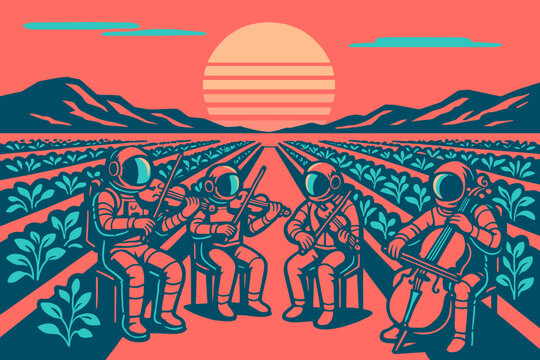 Astronaut string quartet performing in surreal crop field