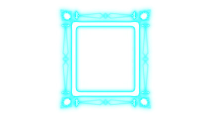 A vibrant symmetrical glowing cyan abstract square frame with intricate decorative elements and a radiant light effect, perfect for modern digital design, illustration, and futuristic art.