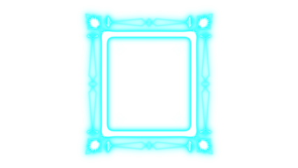 A vibrant symmetrical glowing cyan abstract square frame with intricate decorative elements and a radiant light effect, perfect for modern digital design, illustration, and futuristic art.