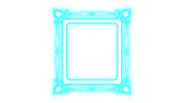 A vibrant symmetrical glowing cyan abstract square frame with intricate decorative elements and a radiant light effect, perfect for modern digital design, illustration, and futuristic art.