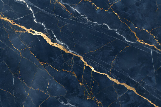 Navy blue marble surface with diagonal gold and white veining &mdash; polished texture ideal for luxury interiors, countertops, flooring, and architectural accents. generative ai