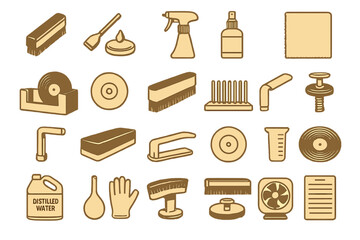 Set of vinyl record cleaning tools icons on gold background