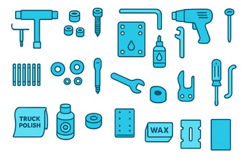 Obraz premium Complete skateboard maintenance tools and accessories icon set