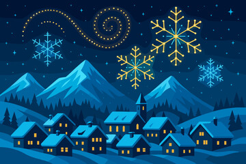 Fototapeta premium Charming snowy village with festive drone snowflake display over mountains