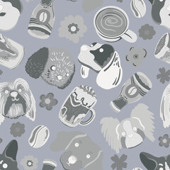 Cute dog coffee seamless pattern, puppy latte digital paper, cozy brown pet cafe background, kawaii dog lover PNG pattern