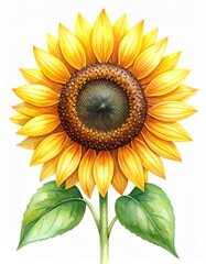 Naklejka premium Watercolor Sunflower Illustration on White Background in Detailed Botanical Style