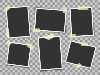 Six Taped photo frame mockup. Empty instant photos template. Scrapbook photo placeholder design. Photos with sticky tape. Snapshot print for social media, poster, banner, collage