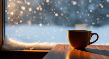 Obraz premium A warm cup of coffee sits on a wooden table by a window, with snowflakes gently falling outside.