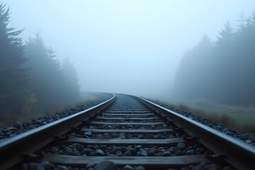 Fototapeta premium A railway track curving endlessly into fog.