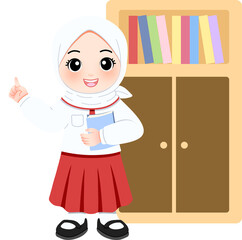 Illustration of a Muslim Girl with a Book and Pointing Finger Near a Bookshelf - Cute Cartoon