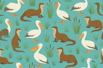 Fototapeta premium Otters and pelicans seamless pattern in wetland habitat