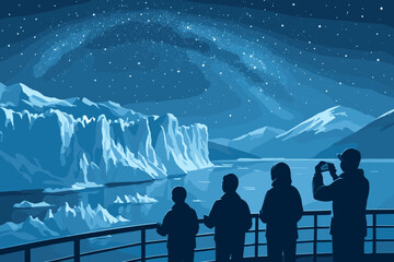 Travelers watching glacier and Milky Way in arctic night