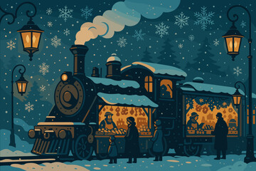 Snowy Christmas market train with glowing holiday stalls