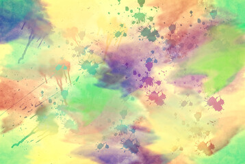 Artistic watercolor background with color splashes in purple, green and yellow tones
