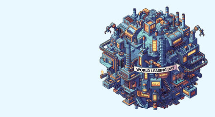 Isometric globe factory, world leasing day, global economy, industrial production, manufacturing business, lease management