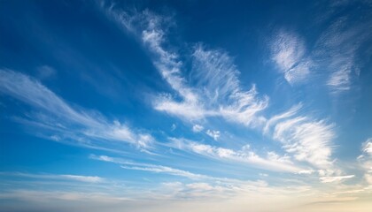 Fototapeta premium Soft Blue Sky With Gentle Wispy Clouds Illuminated By Warm Sunlight Above A Faint Horizon A Tranquil And Dreamy Atmosphere Ideal For Nature Background Or Weather Themed Visuals