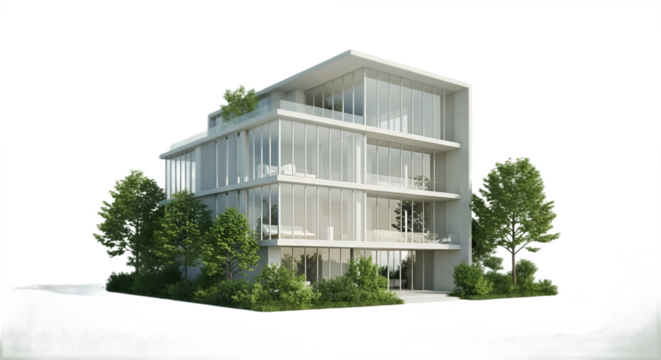 Modern minimal three-story building with glass facade and lush green trees around it in day time
